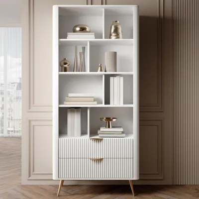 Produktbild von Bücherregal Regal FLORE 88 cm Weiß Gold Geriffelt 2 Schubladen Standregal