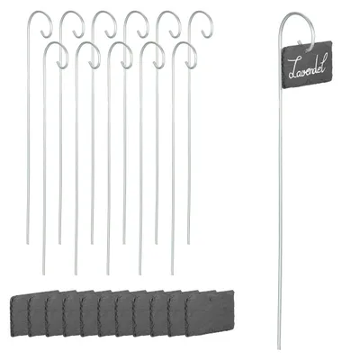 Produktbild von Relaxdays Schiefer Pflanzenschilder, 12er Set, zum Beschriften, wetterfest, Metallstab, Schiefertafel, anthrazit/ silber, KI-generiertes Bild