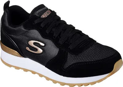A single black sneaker with gold accents and a white sole is shown against a white background.