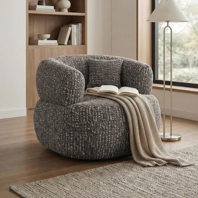 Produktbild von Drehsessel LAILA 360° drehbar - Moderner Komfortsessel Relaxsessel Lesesessel mit Chenille Bezug und Zierkissen, Drehbarer Design Sessel in Braun