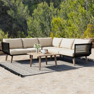 Image de MERAX Gartenlounge-Set (3-pièces), ensemble de meubles de jardin en corde, salon 5 places avec 2 canapés & table basse, meubles de balcon avec plateau de table en bois veiné