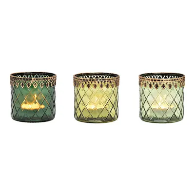 Immagine prodotto di Set di 3 lanterne in vetro verde e oro, portacandele per candeline, stile orientale vintage