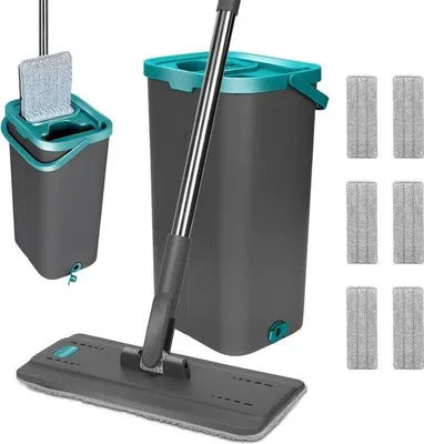 Produktbild von Famanu Mopset mit Eimer, 6 Mikrofasermop-Pads und verstellbarem Edelstahlgriff - Grau