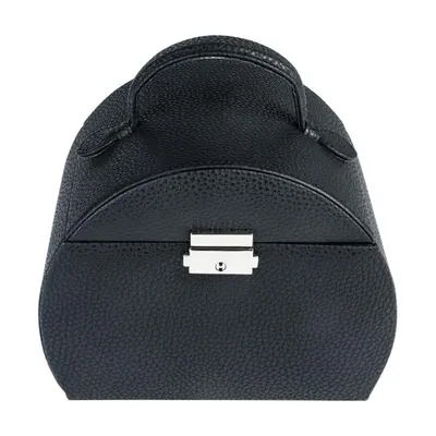 A black jewelry case with a silver clasp and handle, shown from the front.