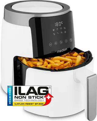 MEDION P40 L Heißluftfritteuse (4,7 Liter, Airfryer, 1500 Watt, einfache Bedienung, ölfreies Frittieren, 60 Min Timer, bis zu 200° C, Antihaft-Beschichtung, MD13030) weiß