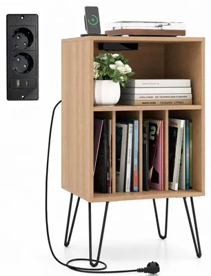 Zdjęcie produktu dla Półka na gramofon marki COSTWAY z stacją dokującą, stojak na płyty winylowe, 3-poziomowy system przechowywania płyt z półką i 4 przegródkami, wymiary: 48x40x88 cm, kolor: naturalny