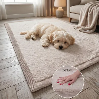 Produktbild von PUFFY SOFT Teppich Beige 120x160 cm Extra Flauschiger Hochflor Teppich 40 mm Kaninchenfell-Optik Rutschfest Weich Antistatisch Wohnzimmer