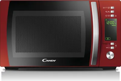 A red Candy microwave oven is shown from the front, with its door closed and a digital display showing the time.
