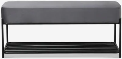 A modern bench with a shoe rack underneath, presented against a white background.