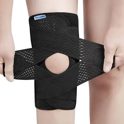 Produktbild von Professionelle Kniebandage, mit Patella Gel Pads & Feder Seitenstabilisatoren verstellbare Knie bandage für Meniskus Riss Knieschmerzen Komprimierte Kniebandage (Schwarz,L)