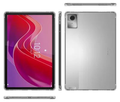 Multiple views of a clear protective case for a Lenovo tablet.