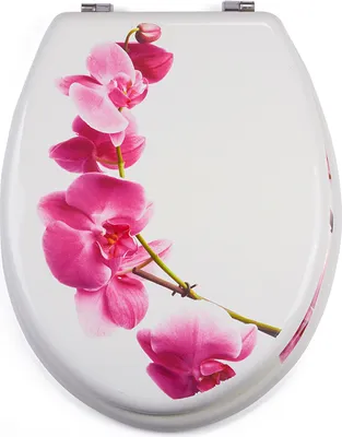 A toilet seat with a pink orchid design.