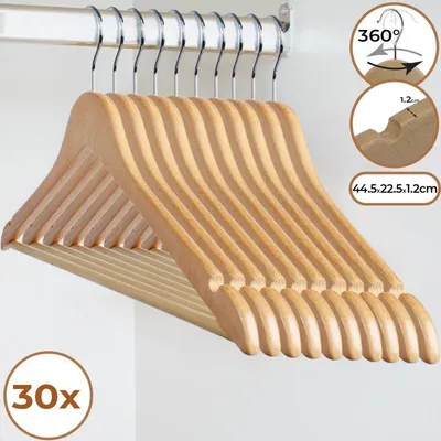 Obrázek produktu pro Sada 30 dřevěných ramínek s otočným háčkem a tyčí na kalhoty