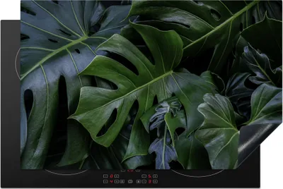 Produktbild von KitchenYeah© Herdabdeckplatte Monstera mit dunklem Hintergrund , 80x52cm, Küche Deko, Glaskeramikkochfeld Herdabdeckung, Abdeckplatte fùr Kochfeld