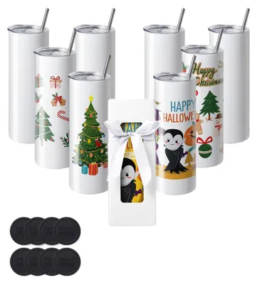 Produktbild von VEVOR 12er Pack gerade Sublimationsbecher, 591,5 ml leere Becher im Großpack, doppelwandige Edelstahlbecher mit Strohhalm, Deckel, Bürste, Basis, Schrumpffolie, Geschenkbox, für Heißpressen und Wärmeübertragung, 20oz-a, 8 Sets