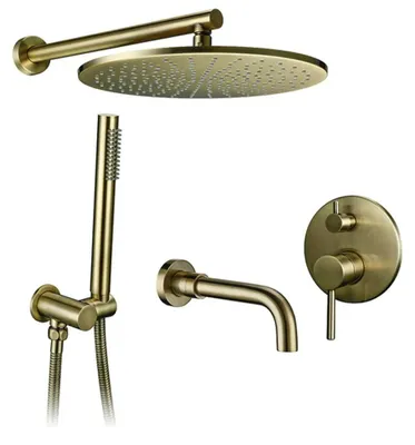 Produktbild von Unterputz Duschset - Wandarmatur - Messing - Gebürstete 25 cm runde Kopfbrause und Handbrause - 26 cm Auslauf - Gebürstetes Gold