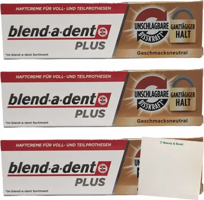 Produktbild von Blend-a-dent Premium-Haftcreme Duo Unschlagbare Bisskraft Ganztägiger Halt 3er Pack (3x40g Packung) + usy Block