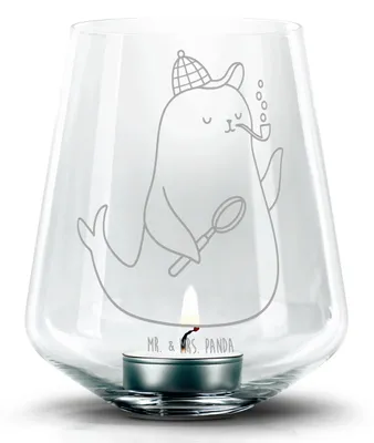 Produktbild von Mr. & Mrs. Panda Glas Windlicht Robbe Sherlock - Transparent - Geschenk, Lustige Sprüche, Laterne, gravur, Kerzenhalter, Teelichthalter