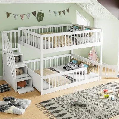 Immagine prodotto di Letto a castello in legno bianco, dimensioni 140x200 cm, dotato di scala di sicurezza e cassetti. Letto a castello per bambini e adolescenti, con sponde di sicurezza