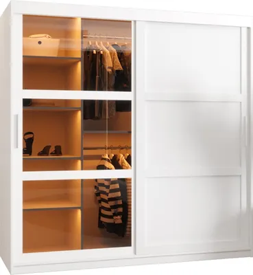 A white wardrobe with glass doors revealing shelves, clothes, and shoes inside.