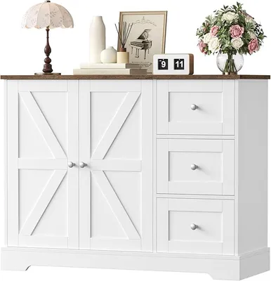 Produktbild von Sideboard, Küchenschrank mit 3 Schubladen und 2 Türen, Buffetschrank mit Arbeitsplatten für Küche, Esszimmer, Wohnzimmer, Weiß & Braun