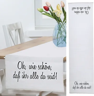 Produktbild von Tischläufer Baumwolle 40x160cm "...oh wie schön, dass ihr alle da seid!" Baumwolle Läufer Tischauflage Spruchdecke