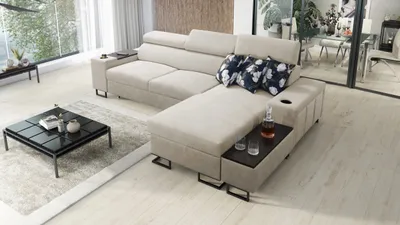 Productafbeelding van Kaiser Möbel: Luxe, modern hoekbank MELODY I MINI met USB-aansluiting en plank, uitvoering Tauro/Freya, beige, rechts