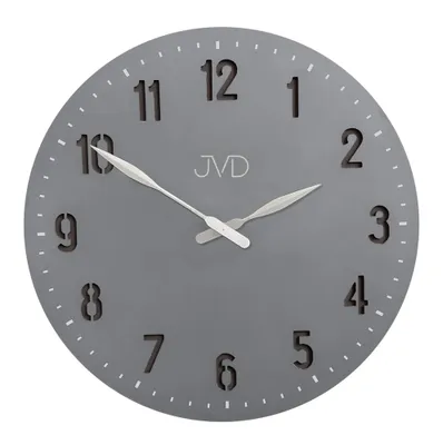 A gray analog wall clock with white hands and black numbers.