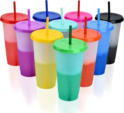 Image de PALUDO - 10 gobelets en plastique réutilisables avec couvercles et pailles - 710 ml - Gobelets changeant de couleur