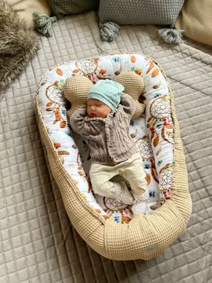 Produktbild von Waffelpique TAUPE Braun/ Trumfänger BOHO Babynestchen Unterlage 3 Tlg SET Babynest Wicleklunterlage Reisebett Babydecke Babyausstattung 2 Seitig