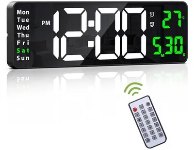 Produktbild von Digitale Wanduhr mit Fernbedienung, 40,6 cm groß, 10 Helligkeitsstufen, Countdown-Uhr mit Datum/Uhrzeit/Temperaturanzeige, 2 Alarms, für Wohnzimmer und Büro, grün