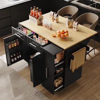 Immagine prodotto di Isola da cucina con piano di lavoro pieghevole, estendibile, mobile, colore nero, dimensioni 110x46x90,5 cm