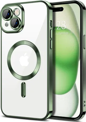 Obrázek produktu pro Magnetické čiré pouzdro pro iPhone 15 Plus, kompatibilní s MagSafe, galvanicky pokovené ochranné pouzdro s ochranou fotoaparátu tmavě zelená