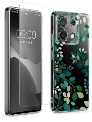 Produktbild von kwmobile Hülle kompatibel mit Xiaomi Redmi Note 13 Pro 5G / Poco X6 5G Handyhülle - Silikon Case transparent - Mit Glas Schutzfolie - Frühlingsblätter
