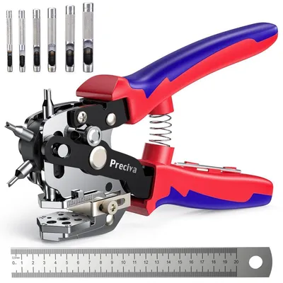 Produktbild von Lochzange für Leder, Gürtellochzange, Drehlochzange mit Hebelübersetzung, 6 Lochgrößen 2-4,5 mm, Rot/Blau