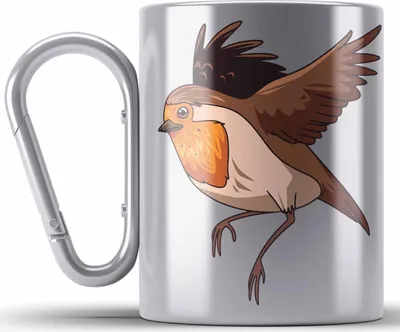 Produktbild von Trendation - Rotkehlchen Vogel Edelstahl Tasse Karabiner Geschenk Grafik Geschenkdiee für Rotkehlchen-Liebhaber (Silber)
