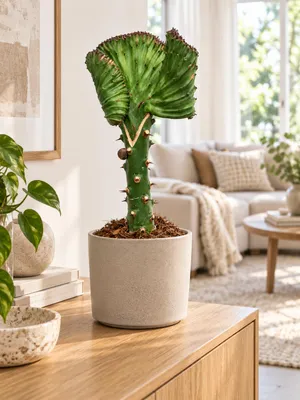 Zdjęcie produktu dla Euphorbia lactea 'Cristata' (zielona), wysokość ok. 30 cm – kaktus przypominający koral, łatwa w uprawie sukulent, idealna jako nietypowa roślina doniczkowa