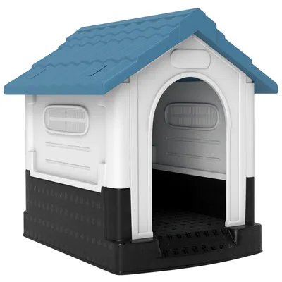 Image de Niche pour chien, socle surélevé, toit incliné, bleu, 64,5 x 57 x 66 cm