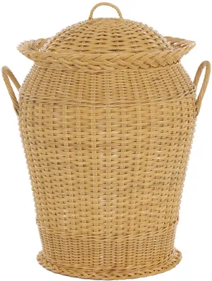Produktbild von KRINES HOME Wäschekorb / Wäschetonne rund aus echtem Rattan, Wäschesammler mit Deckel und Inlett (Honig)