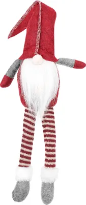 A decorative gnome figure with a red hat and striped legs.