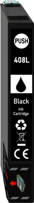 A black ink cartridge with labels and symbols.