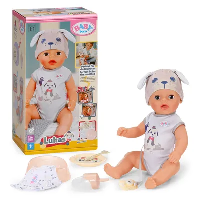 Produktbild von BABY born Lukas in Strampler mit Hundemotiv, 36 cm große Puppe mit 7 Funktionen für Kinder ab 1 Jahr