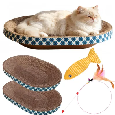 Kratzkarton für Katzen, 2 Stück, oval, mit Spielzeug