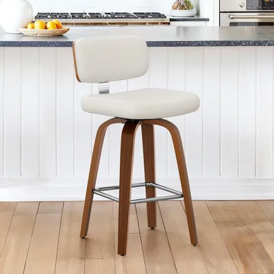 Image de Tabouret de bar avec dossier, 67 cm de hauteur, pivotant, en bois et similicuir, assise blanche, 4 pieds en bois