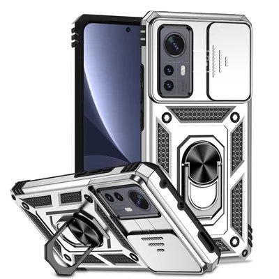 Immagine prodotto di Custodia per Xiaomi 12 / Xiaomi 12X a doppio strato con copertura scorrevole della fotocamera e supporto ad anello Argento