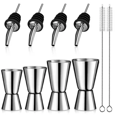 Produktbild von Cocktail Messbecher Set 4 Stück Edelstahl 3cl/4cl/5cl/6cl mit 4 Flaschenausgießern & 2 Pinseln
