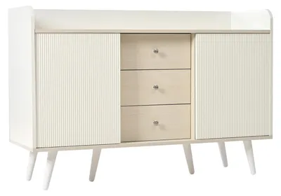 Image de Buffet – Commode avec 3 tiroirs et 2 portes coulissantes rayées – MDF – 117,5 x 39,5 x 79 cm – Style moderne minimaliste – Blanc