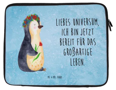 Produktbild von Mr. & Mrs. Panda Laptophülle Pinguin Blumen 33 x 42 cm - Eisblau - Geschenk, Laptop Case, Positiv, Notebooktasche, Motivation, Geschenkidee, Tasche, Pinguine, Hülle