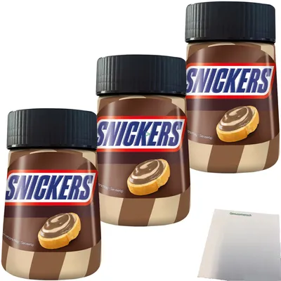 Produktbild von Snickers Brotaufstrich Schoko-Karamell-Aufstrich 3er Pack (3x350g Glas) + usy Block