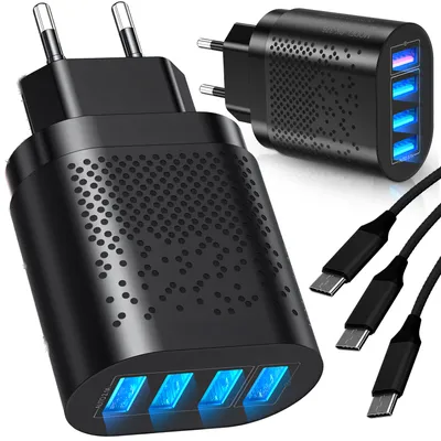 Produktbild von USB Ladegerät, 48W Schnellladegerät 4 Port Netzteil, Nylonkabel 3in1, USB-C/Micro/Lightning, Charge für Iphone, Samsung, Schwarz, Retoo